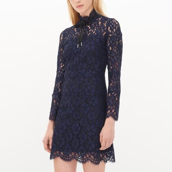 SANDRO Rina Long Sleeve Lace Dress Womens Large Navy Blue Black Sheath Mini - Picture 1 of 16